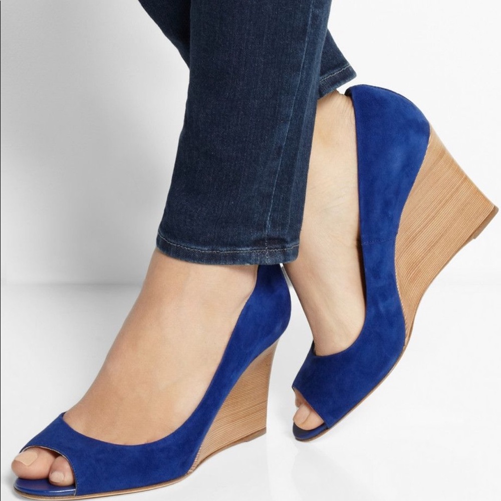 Tod's suede peep-toe wedge pumps in blue